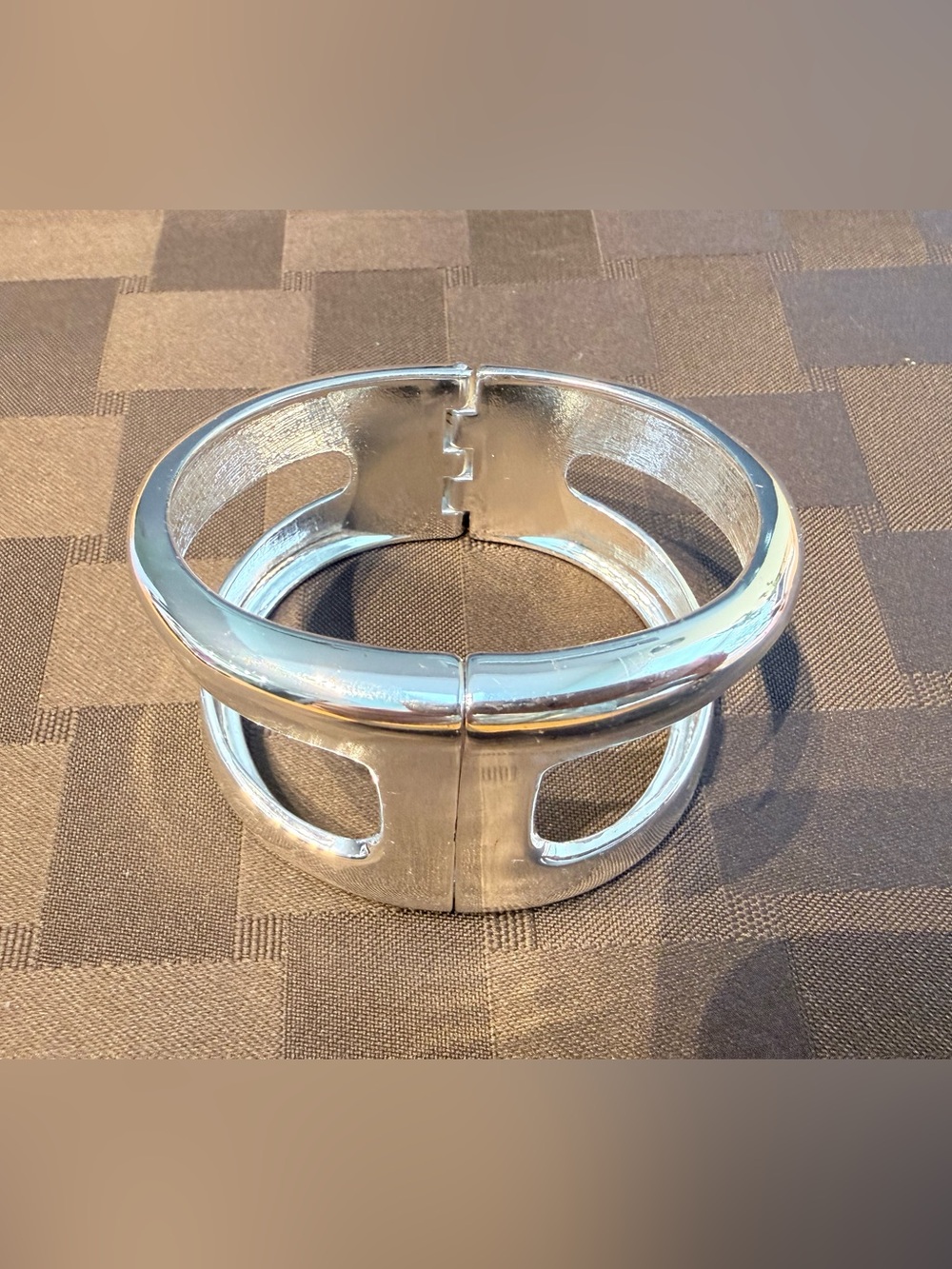 Silver Tone 2" Wide Modernist H Cutout Chunky Hinged
Bangle Bracelet - Picture 2 of 15